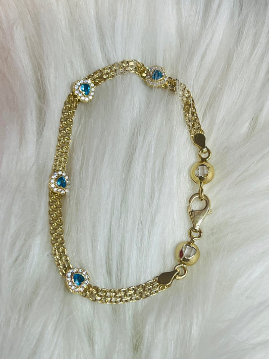 14k gold bracelet with blue stone hearts