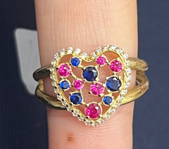 10k heart ring blue and pink stones