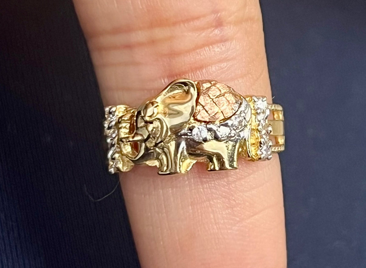 14k tri-colored elephant ring with white stones