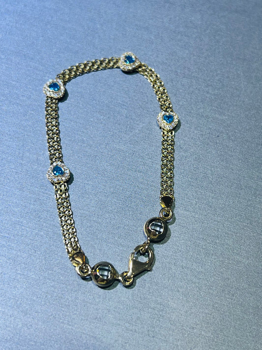 14k gold bracelet with blue stone hearts