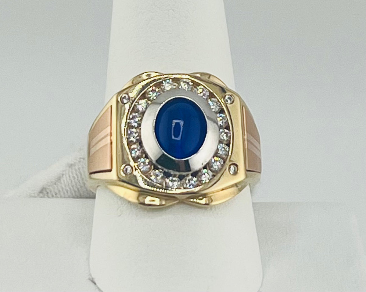 14k ring men blue stone and halo and 3 color design