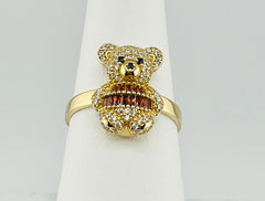 14k ring teddy bear with green and white stone