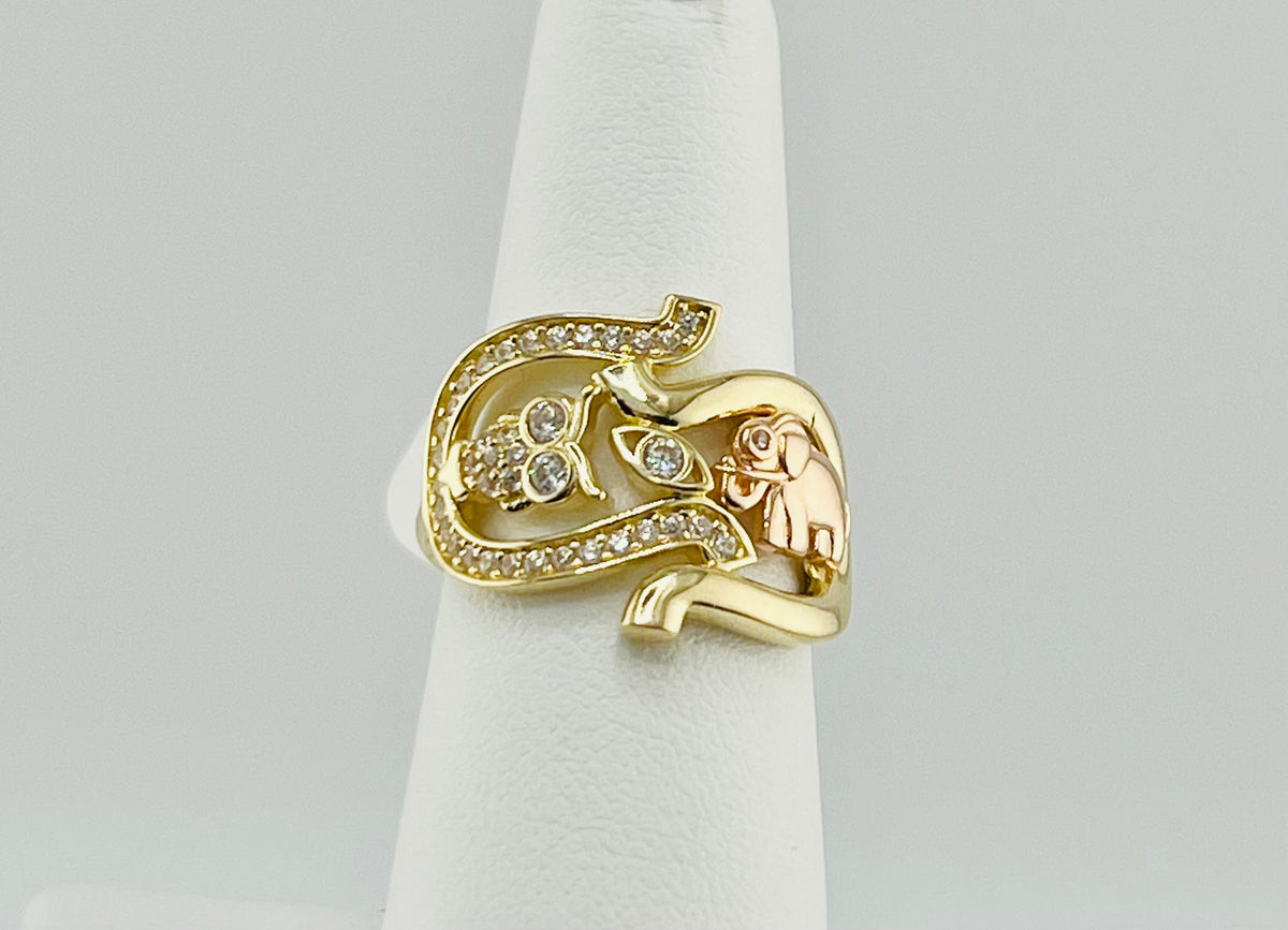 14k ring lucky with elephant owl horseshoe and eye