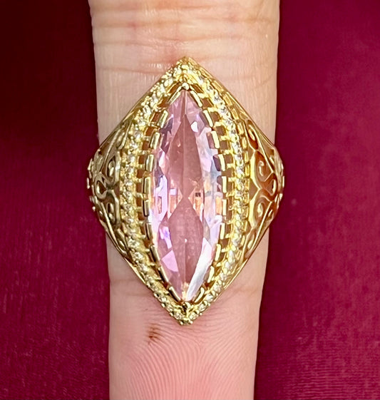 14k pink long oval stone ring with smaller stones