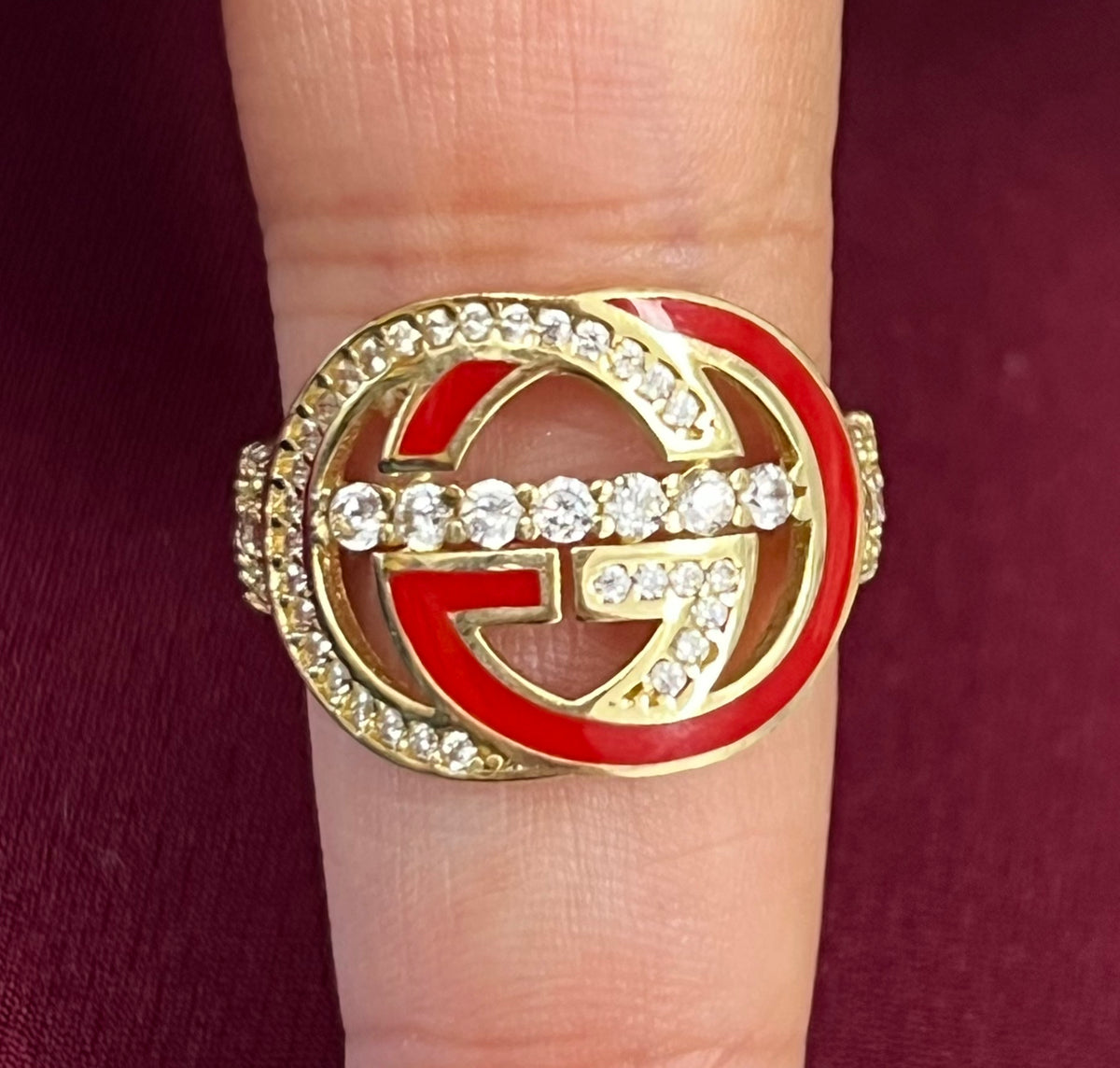 14k GG ring with red and stones