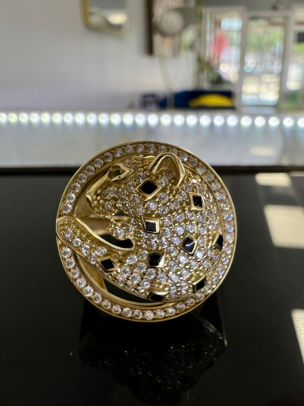 14k ring gold panther w/ white black green stones