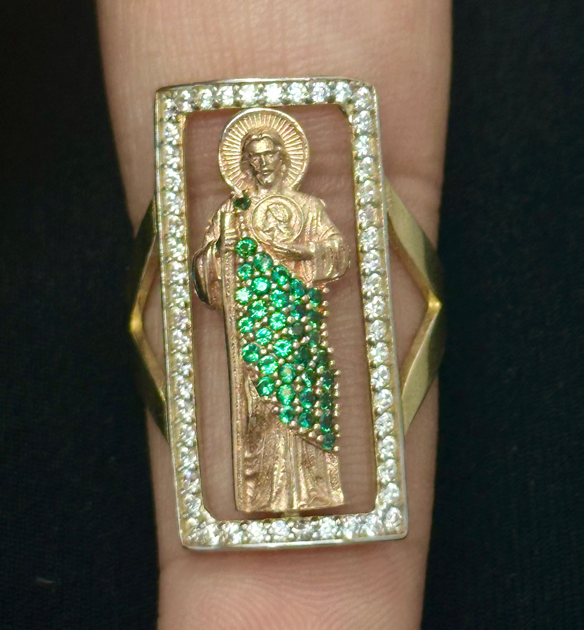 14k gold san judas ring two toned green stones