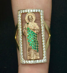14k gold san judas ring two toned green stones