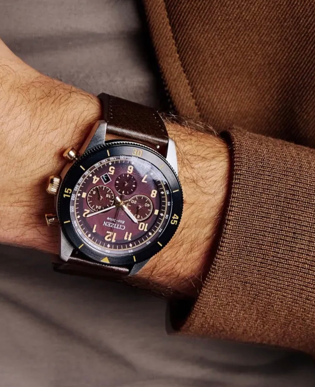 Citizen’s Terra Force takes inspiration from the golden age of aviation, pairing rugged chronograph styling with Eco-Drive technology powered by any light. Visit us at Viannys Jewelry LLC to experience this bold timepiece up close.