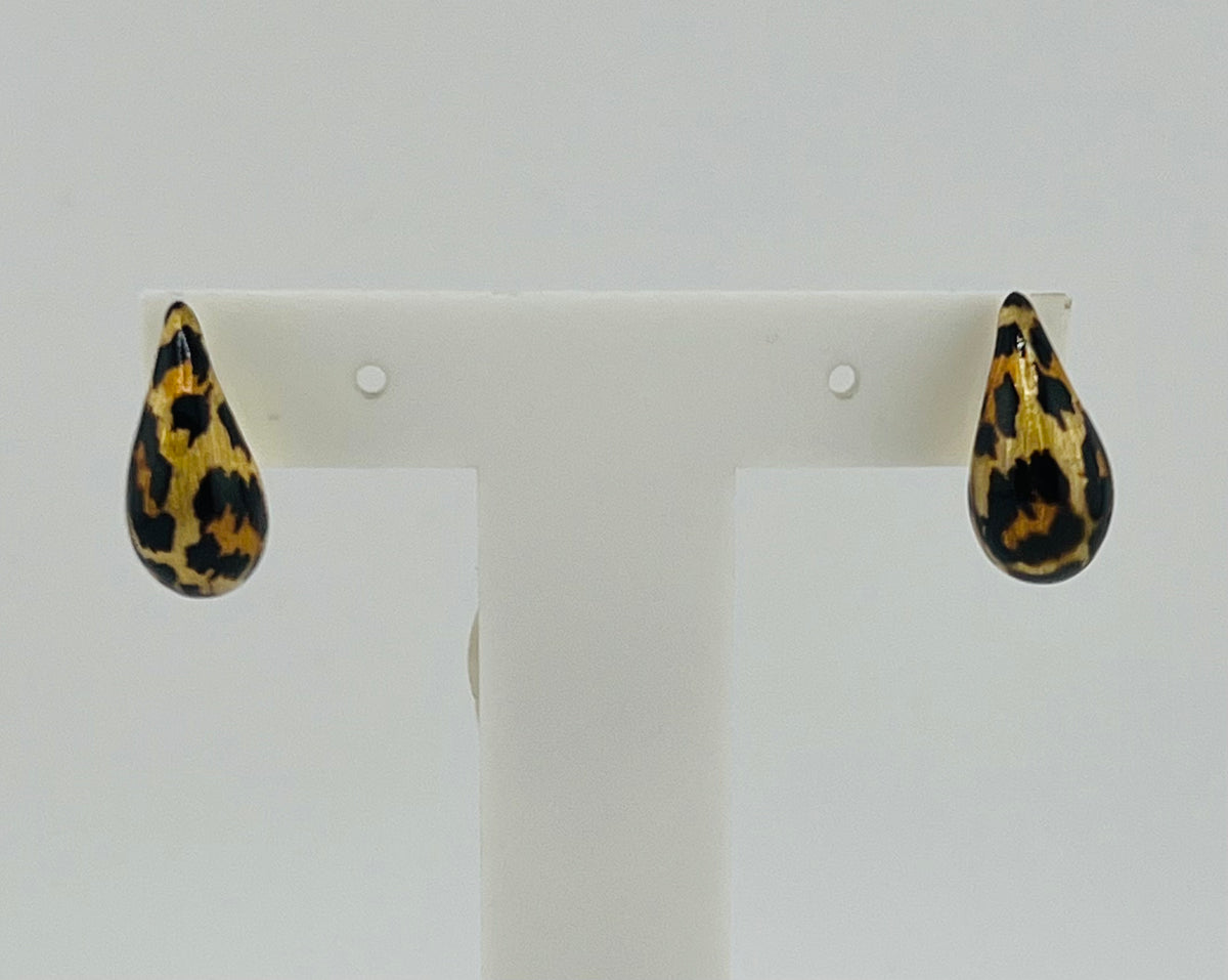 14k earing screw back tear drop gota with cheetah print