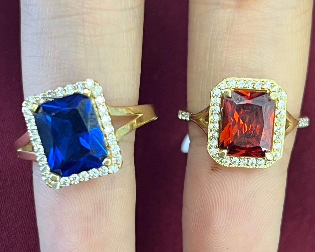 14k red or blue rectangle stone ring with smaller stones