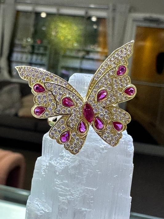 14k ring butterfly red and white stones