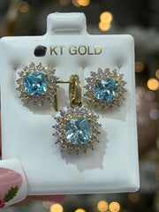10k Blue stone set earrings and pendant with halo