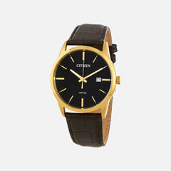 Citizen Quartz Gold Color Stainless Steel Crys 3 Strap Black Leather BI5002-06E