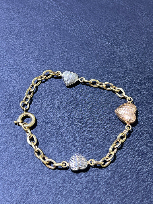 14k Tricolor heart bracelet
