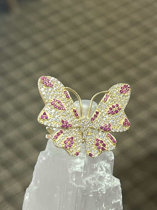 14k butterfly ring with purplish pink stones