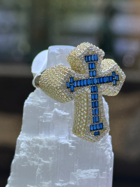 Cross ring 14k white and blue stones