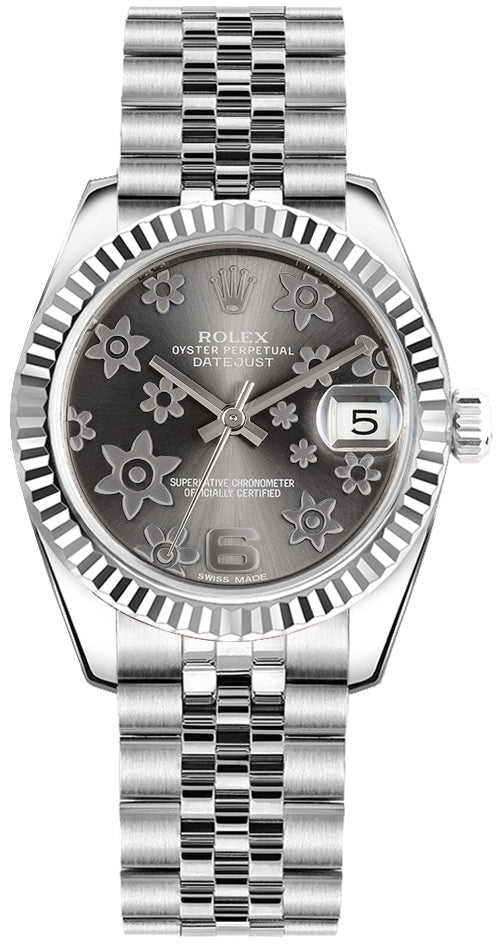 Rolex Datejust 31mm Stainless Steel 18k White Gold Fluted Bezel Floral Motif Grey Dial Jubilee Watch 178274