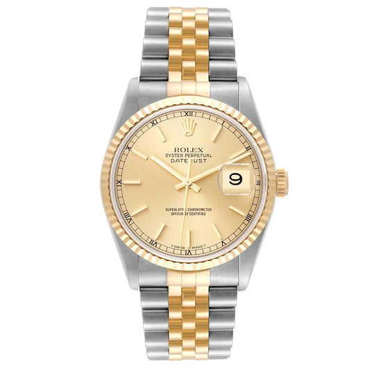 Rolex Datejust 36mm 2 Tone 18k Yellow Gold & Stainless-Steel Champagne Dial Fluted Bezel Jubilee Watch 16233