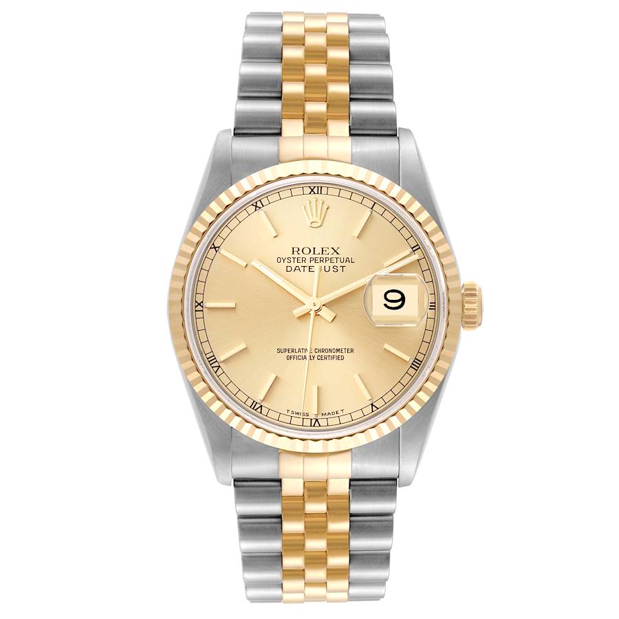 Rolex Datejust 36mm 2 Tone 18k Yellow Gold & Stainless Steel Champagne Dial Fluted Bezel Jubilee Watch 16233