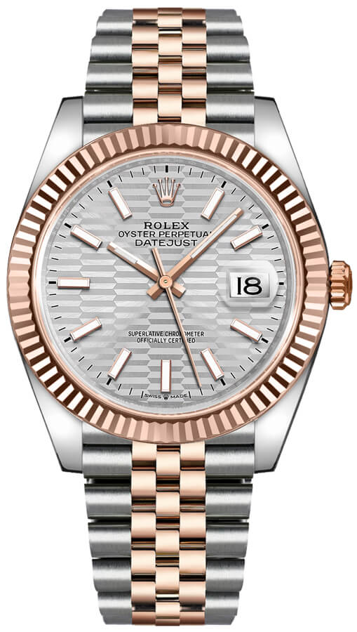 Rolex Datejust 41mm 2 Tone 18k Rose Gold & Stainless Steel Fluted Bezel Silver Fluted Motif Dial Jubilee Steel Watch 126331