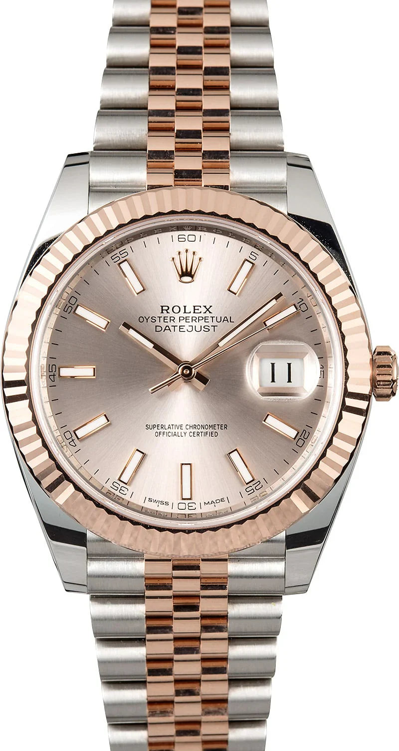 Rolex Datejust 41mm 2 Tone 18k Rose Gold & Stainless Steel Fluted Bezel Sundust Dial Jubilee Steel Watch 126331