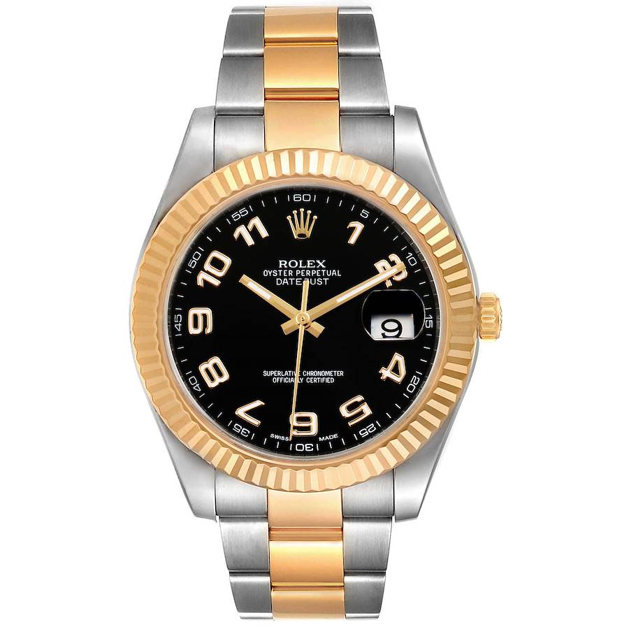 Rolex Datejust 41mm 2 Tone 18k Yellow Gold & Stainless Steel Fluted Bezel Black Arabic Dial Oyster Steel Watch 116333