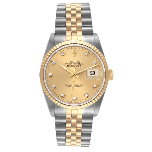 Rolex Datejust 36mm 2 Tone 18k Yellow Gold & Stainless Steel Champagne Diamond Dial Fluted Bezel Jubilee Watch 16233