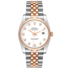 Rolex Datejust 36mm 2 Tone 18k Rose Gold & Stainless Steel White Diamond Dial Fluted Bezel Jubilee Steel Watch 116231