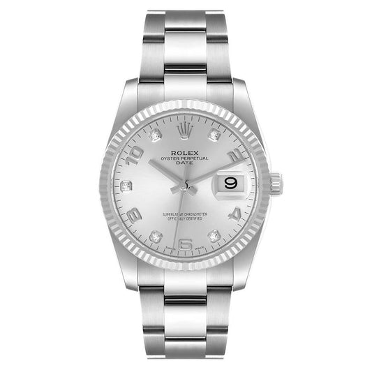 Rolex Datejust 34mm Stainless Steel 18k White Gold Fluted Bezel Silver Factory Diamond Dial Oyster Watch 115234