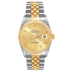 Rolex Datejust 36mm 2 Tone 18k Yellow Gold & Stainless Steel Champagne Dial Fluted Bezel Jubilee Watch 16233