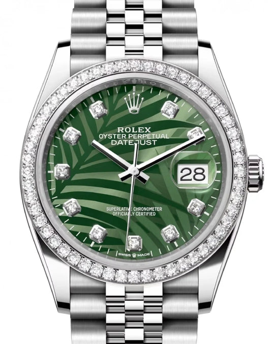 Rolex Datejust 36mm Palm Leaf Dial Diamond Bezel Steel Mens Jubilee Watch 126284RBR