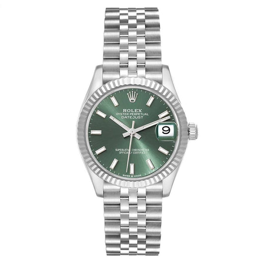 Rolex Datejust 31mm 18k White Gold Fluted Bezel Olive Green Dial Stainless Steel Jubilee Watch 278274