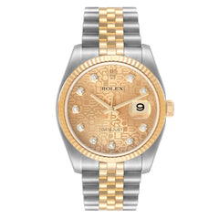 Rolex Datejust 36mm 2 Tone 18k Yellow Gold & Stainless Steel Champagne Gold Anniversary Design Diamond Dial Fluted Bezel Jubilee Band Watch 116233